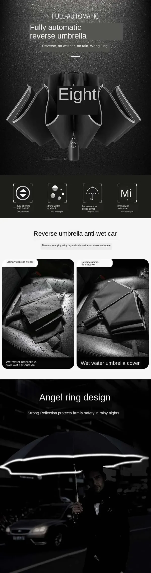 Men Women Umbrella  Fully Automatic Reverse Folding Umbrella with Windproof Reflective Stripe UV Umbrellas - obrazek 14